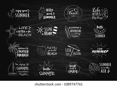 Summer vacations - set of chalk drawing on blackboard. Vector.