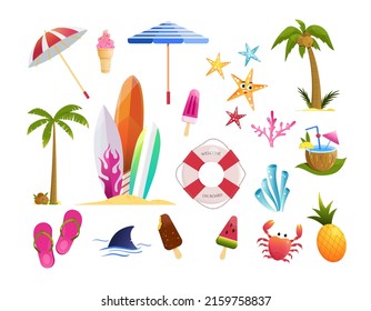 Summer vacations set. Umbrella, surf boards, crab, palm trees, flip flops, ice cream, coconut, pineapple. Design elements isolated on white background, flat vector illustration  