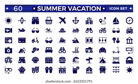 Summer vacations solid icon set. Vector solid illustrations with objects, activities, and places related to traveling, tourism, outdoors on the beach and mountains, camping, resorts, and hotels.
