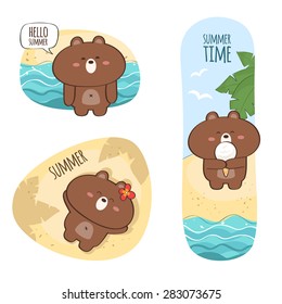 Summer vacations sticker set with cute bear character