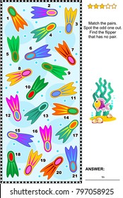 Summer vacations themed visual puzzle with colorful scuba diving flippers (suitable both for kids and adults): Find the flipper that has no pair. Answer included.