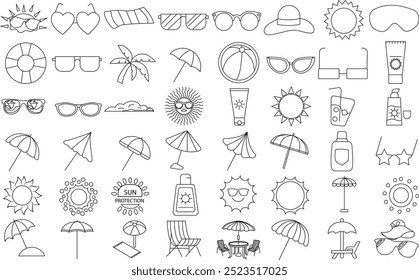 férias de verão viajando praia e ícone de proteção solar definido para logotipo e T-Shirt. Traçado editável de arte de linha fina.