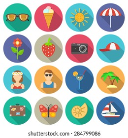 Summer vacations and traveling with sun and sea round shadow icons set flat isolated vector illustration 