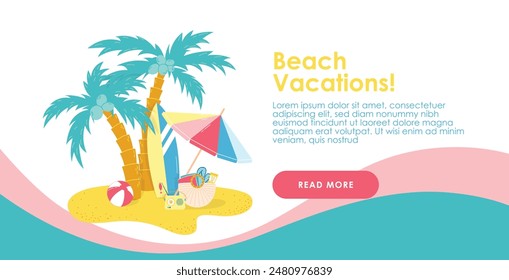 Vacaciones de verano Plantilla de Anuncio de Web. Diseño de la pantalla para el Sitio web. Vacaciones de verano en la playa