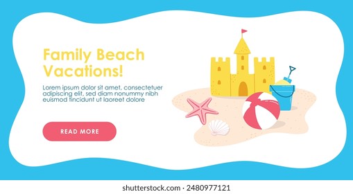 Summer vacations web banner template. Screen layout for web site. Summer family beach vacations promotion