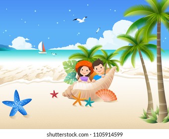 Summer vacation-sunny sea landscape and people inside seashell on sandy beach.