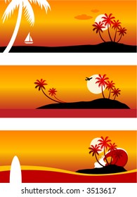 Summer Vacation-Vector landscape (top-bottom): cruising in a yacht, airplane over an island, surfboard and a huge wave.