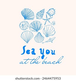 Estampado de vacaciones de verano, letra de cita divertida con conchas marinas ilustración de doodle abstracto