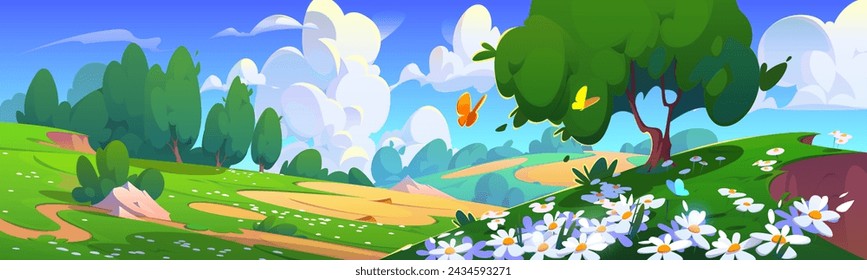 Paisaje de valle de verano con flores. Ilustración de dibujos animados de vector de hermoso paisaje soleado de primavera, mariposas volando sobre hierba verde en colinas, árboles y arbustos, nubes blancas esponjosas en el cielo azul