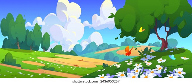 Summer valley landscape with flowers. Vector cartoon illustration of beautiful spring sunny scenery, butterflies flying above green grass on hills, trees and bushes, fluffy white clouds in blue sky