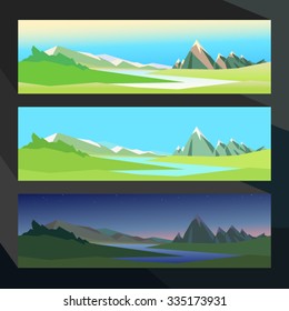 Summer in the valley of a mountain river in different time. Vector illustration for use in web design or other visual area. Landscape sketch for the background.