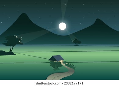 Summer valley with mountains on the horizon at night. Nature landscape vector cartoon illustration with water stream, bushes and full moon in the sky