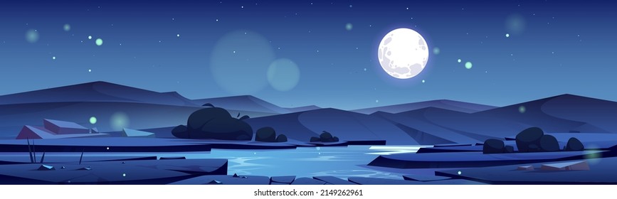 Summer valley with river and mountains on horizon at night. Vector cartoon illustration of nature landscape with water stream, bushes, rocks, and full moon in sky