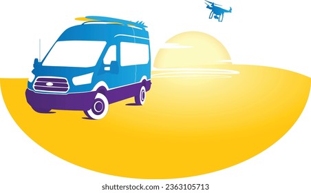 Sommervan am Strand mit Draufsicht 