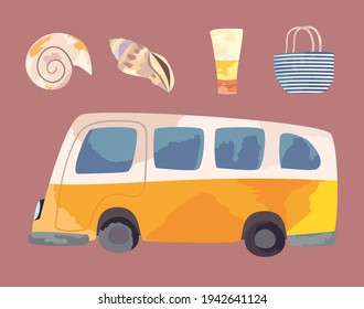 Summer van and beach icons