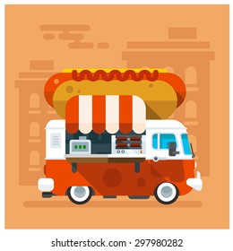 Summer van cafe, relax on the beach on the sea. Sun day and good mood on vacation. Delicious food and drinks on sale. Vector flat illustration