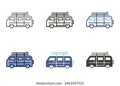 Summer van truck caravan with surfboard icon. Camper retro vacations vehicle with surf board vector graphic elements