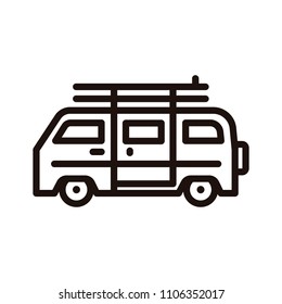 Summer van vehicle with surf boards icon. Vector thin line icon for beach, surfing, hippie, outdoor adventures, vacation concepts