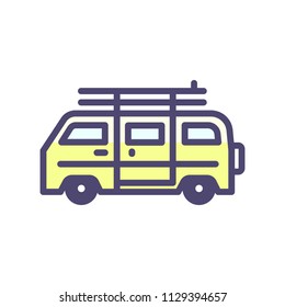 Summer van vehicle with surf boards icon. Vector thin outline icon for beach, surfing, hippie, outdoor adventures, vacation concepts	