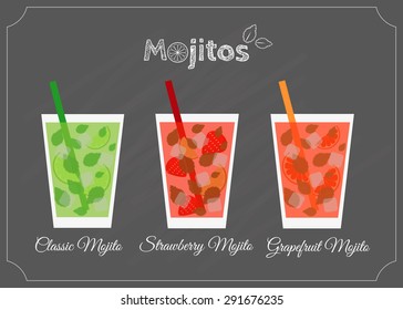 Summer variations of mojito including mint, strawberry and grapefruit on chalkboard background.