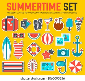 Summer vecetion time background vector concept. Summertime illustrations set design in flat