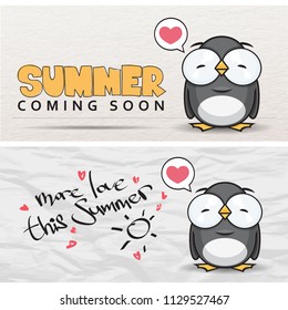 Summer vecor card with cartoon penguin character.
