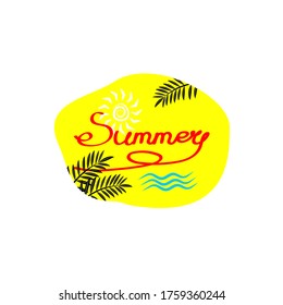 Ilustración de vecror de verano, sol, palmera y olas en fondo amarillo