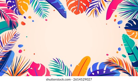 Summer vector background. Abstract border illustration with jungle exotic leaves, color bright gradient design and copy space at the center. Paradise scene template for vacation pattern, sale banner.