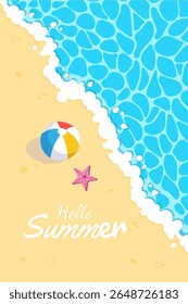 Summer vector background with beach ball and starfish. Tropical beach illustration for banners and social media.