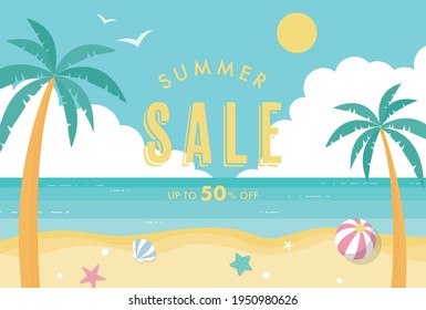 summer vector background with beach illustrations for banners, cards, flyers, social media wallpapers, etc. - Shutterstock ID 1950980626