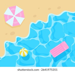 Summer vector background with beach, sea, beach ball, umbrella, inflatable mattress. Template, illustration for banner, card, flyer, social media and wallpaper.