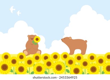 fondo de Vector de verano con osos y girasoles en el cielo para Anuncios, tarjetas, volantes, Fondos de pantalla de redes sociales, etc.