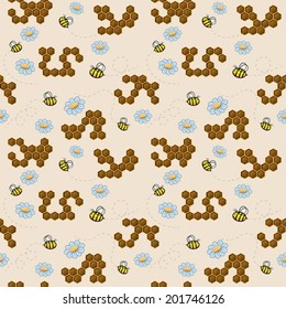 summer vector background with a bees, honeycomb and flowers