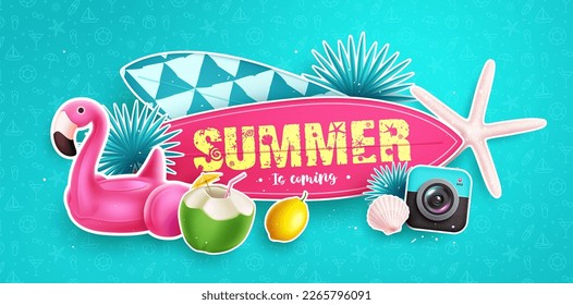 Summer vector background design. Summer is coming text in surfboard paper cut element for tropical holiday season. Vector illustration summer paper cut design.
