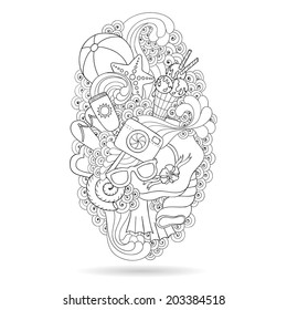 Summer vector background design element template with flip flops, ball, starfish, photo, cream, waves, hearts and drink. Black and white version.
