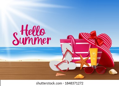 Summer vector background design. Hello summer greeting text with summer vacation travel elements like beach bag, hat, sunglasses, flip flop and sunscreen in beach background. Vector illustration. 