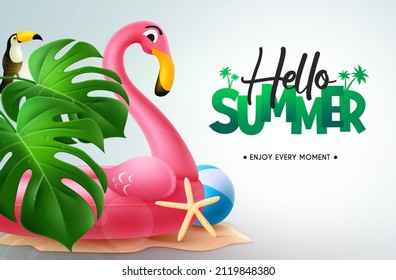 Summer vector background design. Hello summer text with flamingo floaters in sand island outdoor design. Vector illustration.
