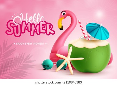 Summer vector background design. Hello summer text with tropical coconut fruit drink and flamingo floaters in pink outdoor design. Vector illustration.
