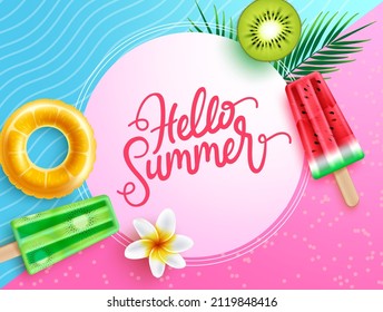 Summer vector background design. Hello summer typography text in abstract space with popsicles, floater and fruits flavor element for colorful tropical holiday season. Vector illustration.
