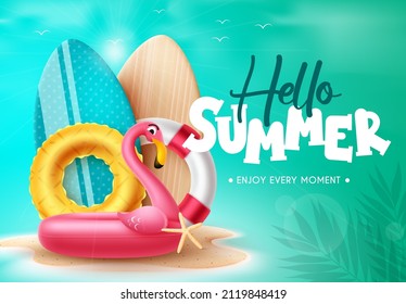 Summer vector background design. Hello summer text with flamingo floaters and surfboard beach elements in sand island. Vector illustration.
