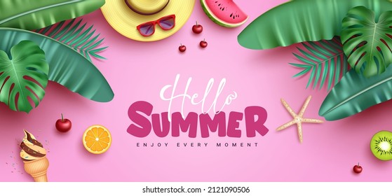 Summer vector background design. Hello summer greeting text in pink space with plant leaves and tropical object elements for holiday season nature flat lay decoration. Vector illustration.
