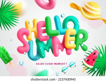 Summer Vector Background Design. Hello Summer Greeting 3d Text With Tropical Elements Of Hat, Fruit Popsicles And Floater In Pattern Background For Fun And Playful Tropical Season Decoration.