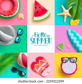 Summer vector background design. Summer hello text in empty space with colorful beach elements collection. Vector illustration tropical season design element.