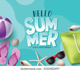 Summer vector background design. Hello summer greeting text with beach elements for tropical holiday season banner design. Vector illustration.
