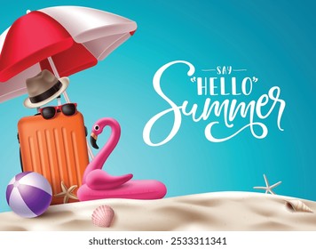 Summer vector background design. Hello summer text with beach elements like beachball, flamingo floater and luggage for outdoor travel vacation. Vector illustration. 