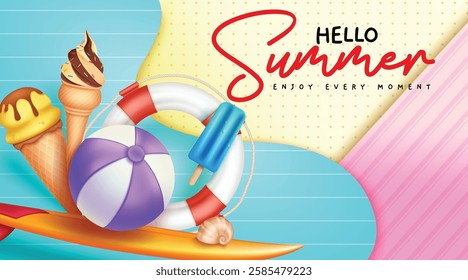 Summer vector background design. Hello summer greeting text in colorful art pattern decoration with ice cream, floater and surfboard elements for tropical holiday season. Vector illustration.
