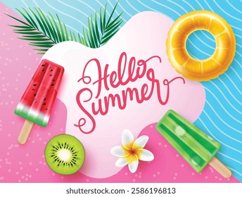 Summer vector background design. Hello summer typography text in abstract space with popsicles, floater and fruits flavor element for colorful tropical holiday season. Vector illustration.
