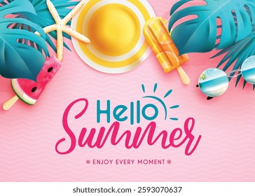 Summer vector background design. Hello summer greeting text with monstera leaves, popsicles and hat 3d elements for tropical hot season object decoration. Vector illustration.
