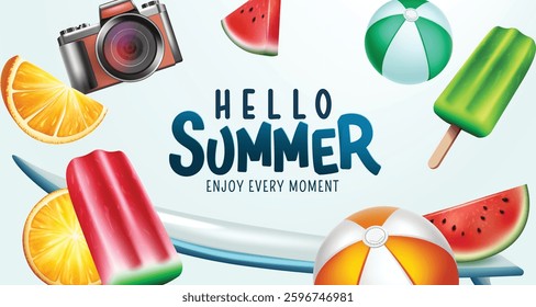 Summer vector background design. Hello summer greeting text with popsicle, beach balls and fruits tropical season elements for holiday vacation objects decoration. Vector illustration.
