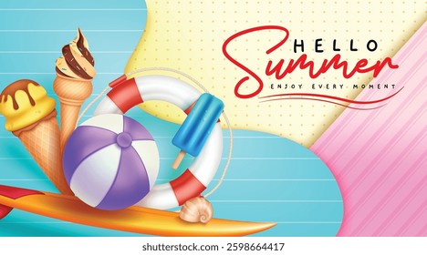 Summer vector background design. Hello summer greeting text in colorful art pattern decoration with ice cream, floater and surfboard elements for tropical holiday season. Vector illustration.
